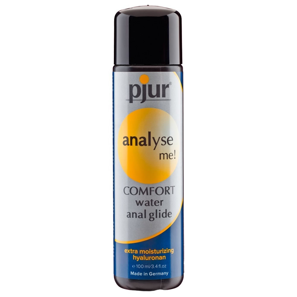 Sølvblå pjur analyse me-flaske med sort pumpetop og gul cirkel på etiketten, 100 ml, på hvid bund