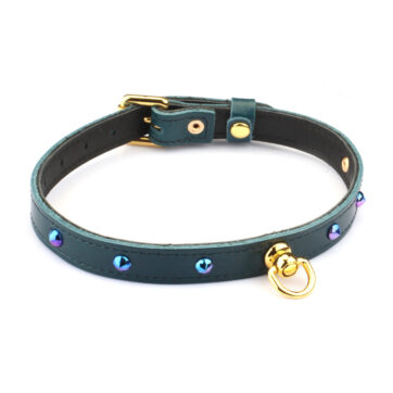 Luksus blå læder D-ring choker med blå nitter